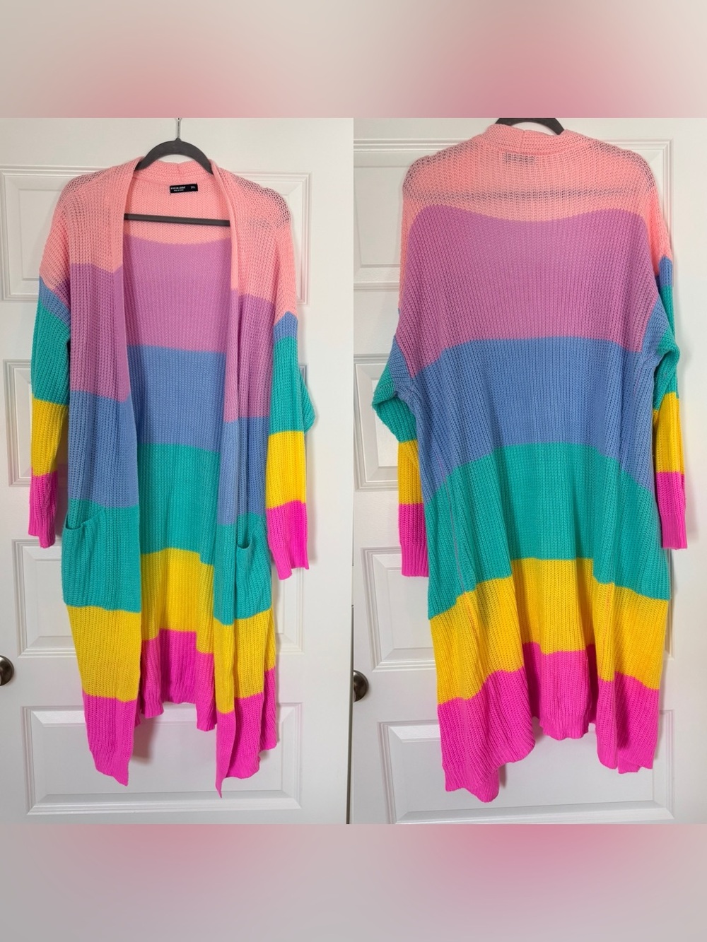 Pastel Rainbow Striped Open Front Cardigan Sweater